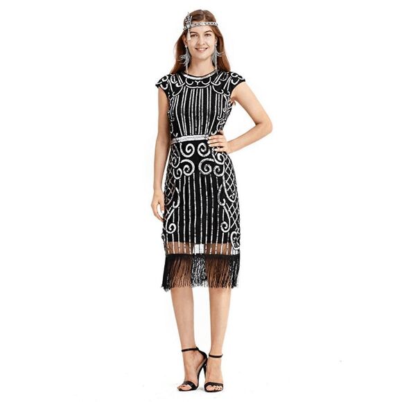✨ Flapper Great Gatsby Roaring 1920s Retro Tassel Fringe Sequin Dress NEW - Picture 4 of 16